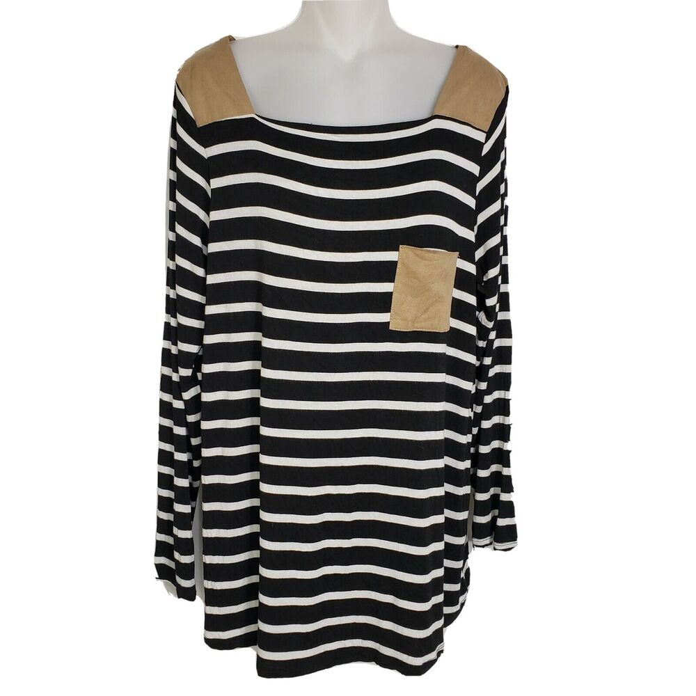 First Look Womens Tunic Top Large Black White Striped Knit Elbow Patches Pocket